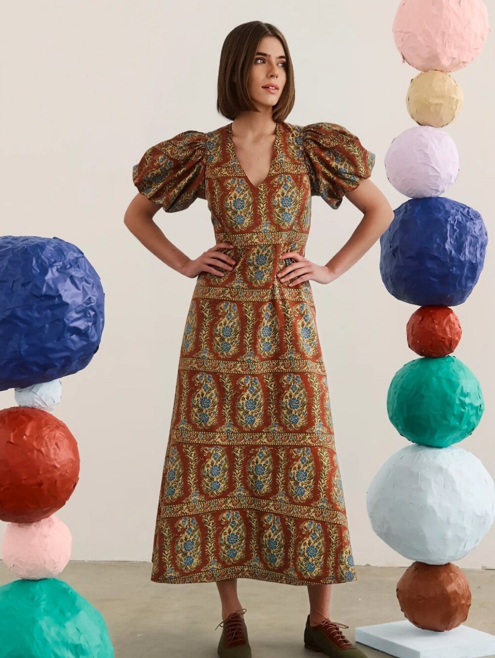 Hunter Bell Paisley Puff Sleeve V Neck Midi Dress
